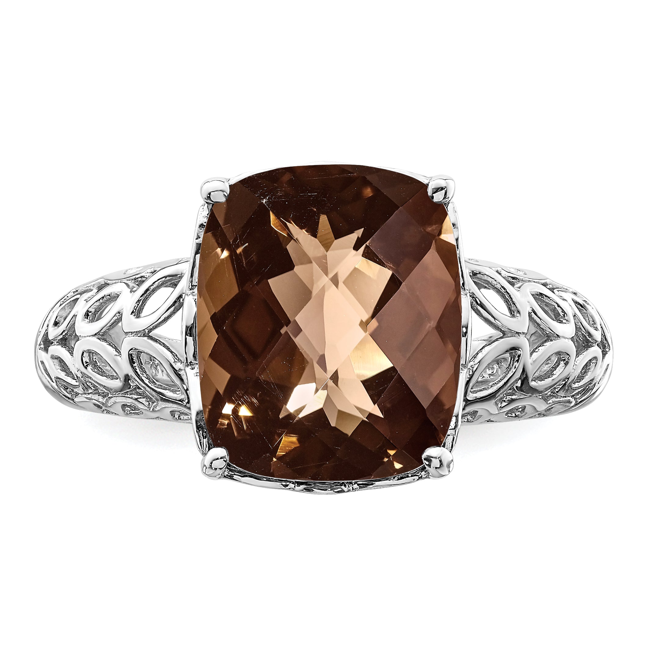 Sterling Silver Rhodium Checker-Cut Smoky Quartz Ring