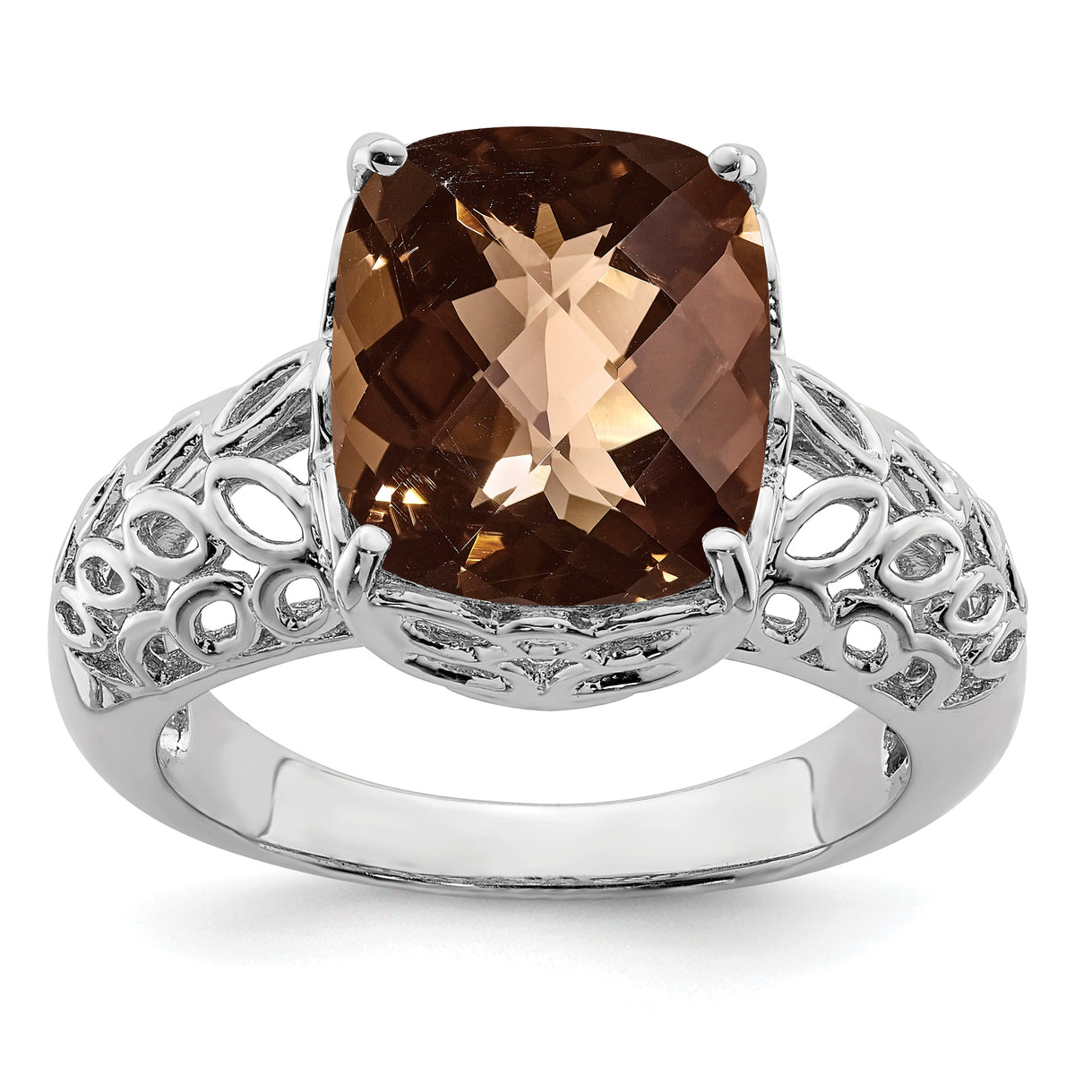 Sterling Silver Rhodium Checker-Cut Smoky Quartz Ring