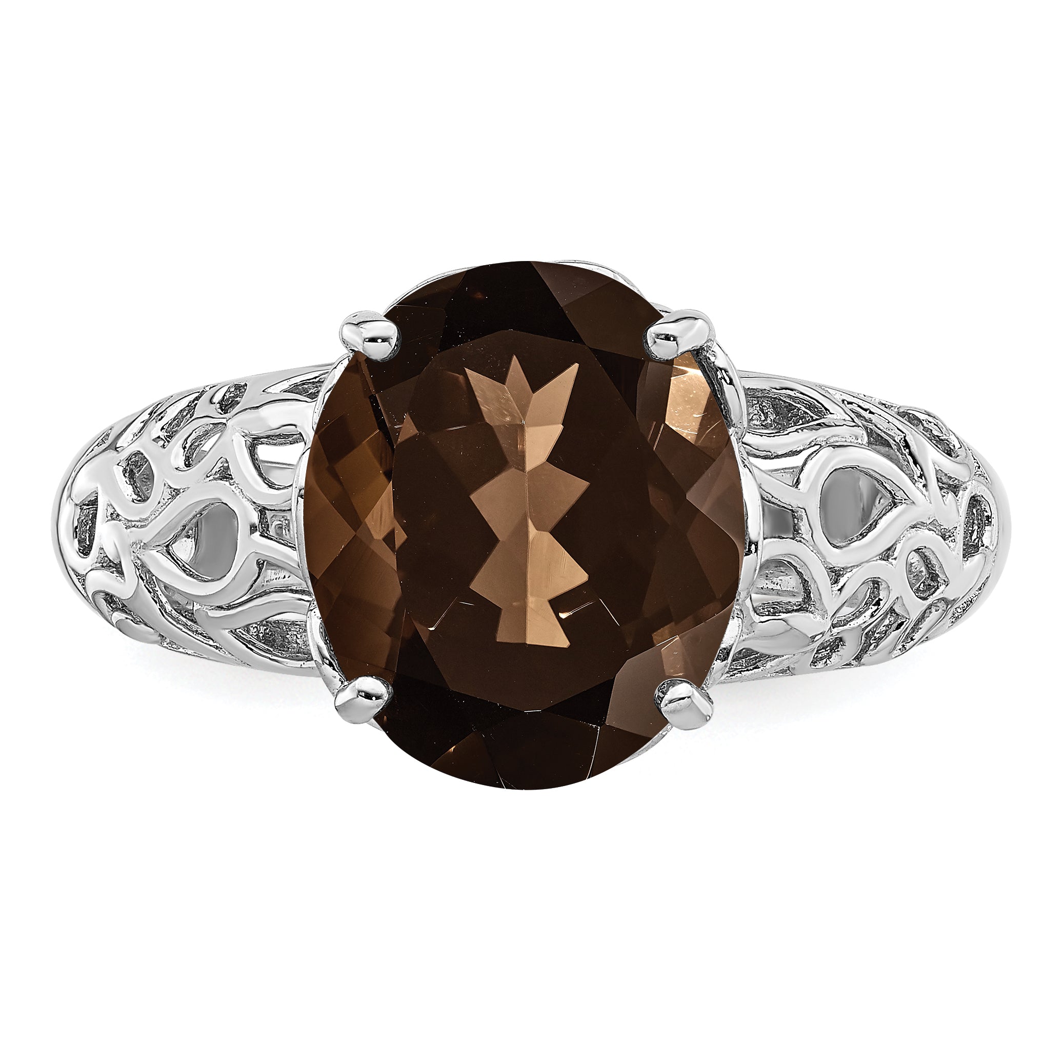 Sterling Silver Rhodium Oval Smoky Quartz Ring