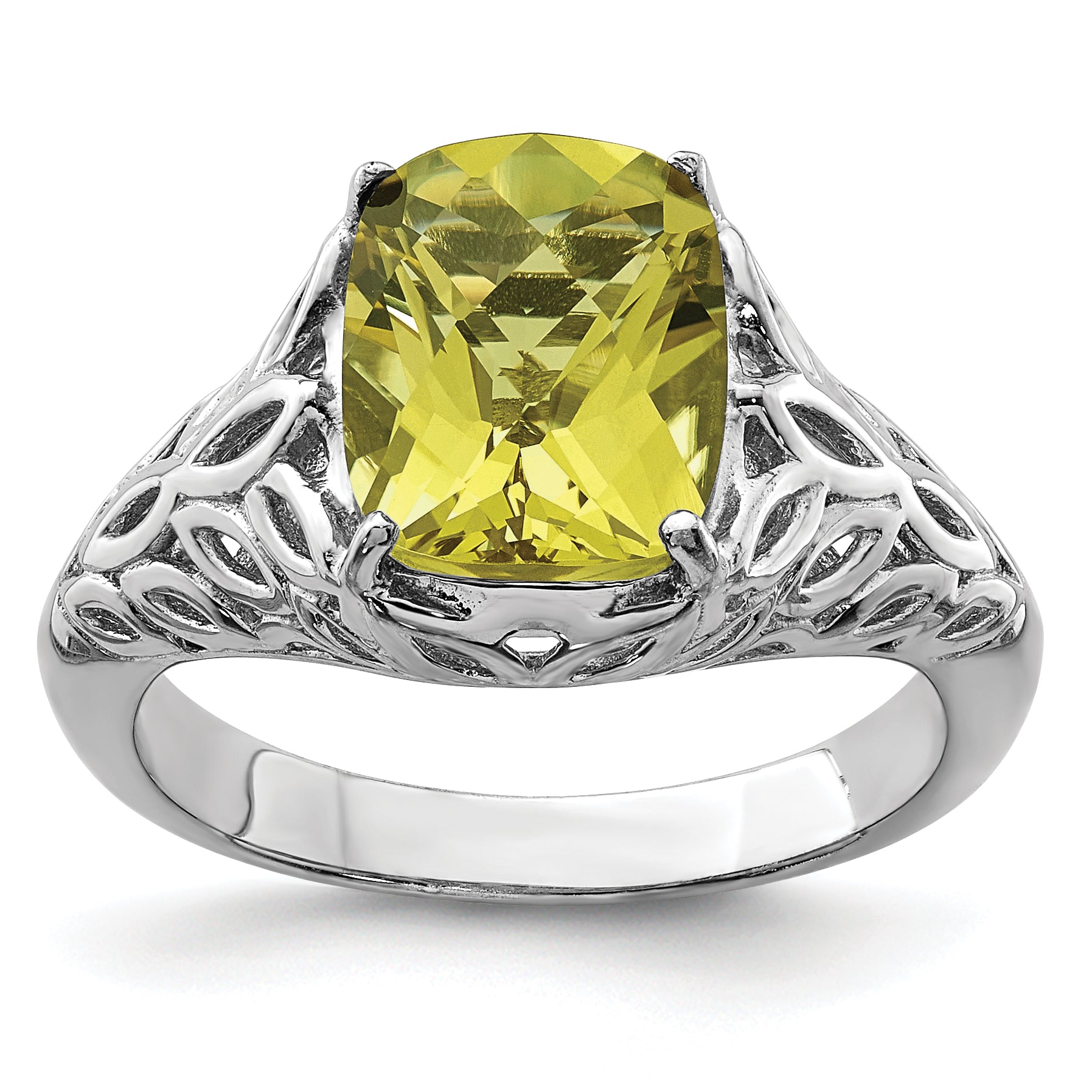 Sterling Silver Rhodium Checker-Cut Lemon Quartz Ring