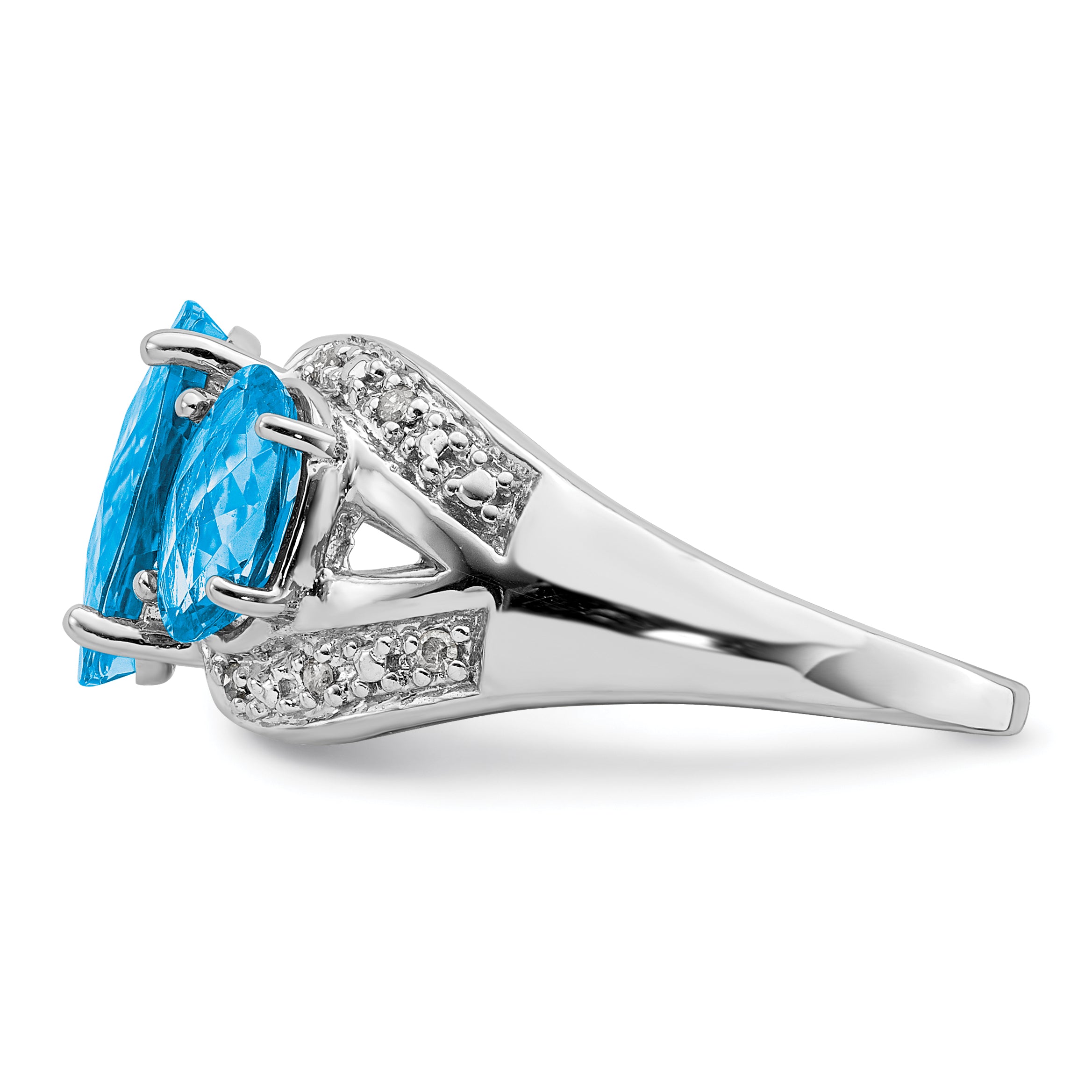 Sterling Silver Rhodium Oval Checker-Cut Blue Topaz & Diamond Ring