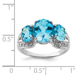 Sterling Silver Rhodium Oval Checker-Cut Blue Topaz & Diamond Ring