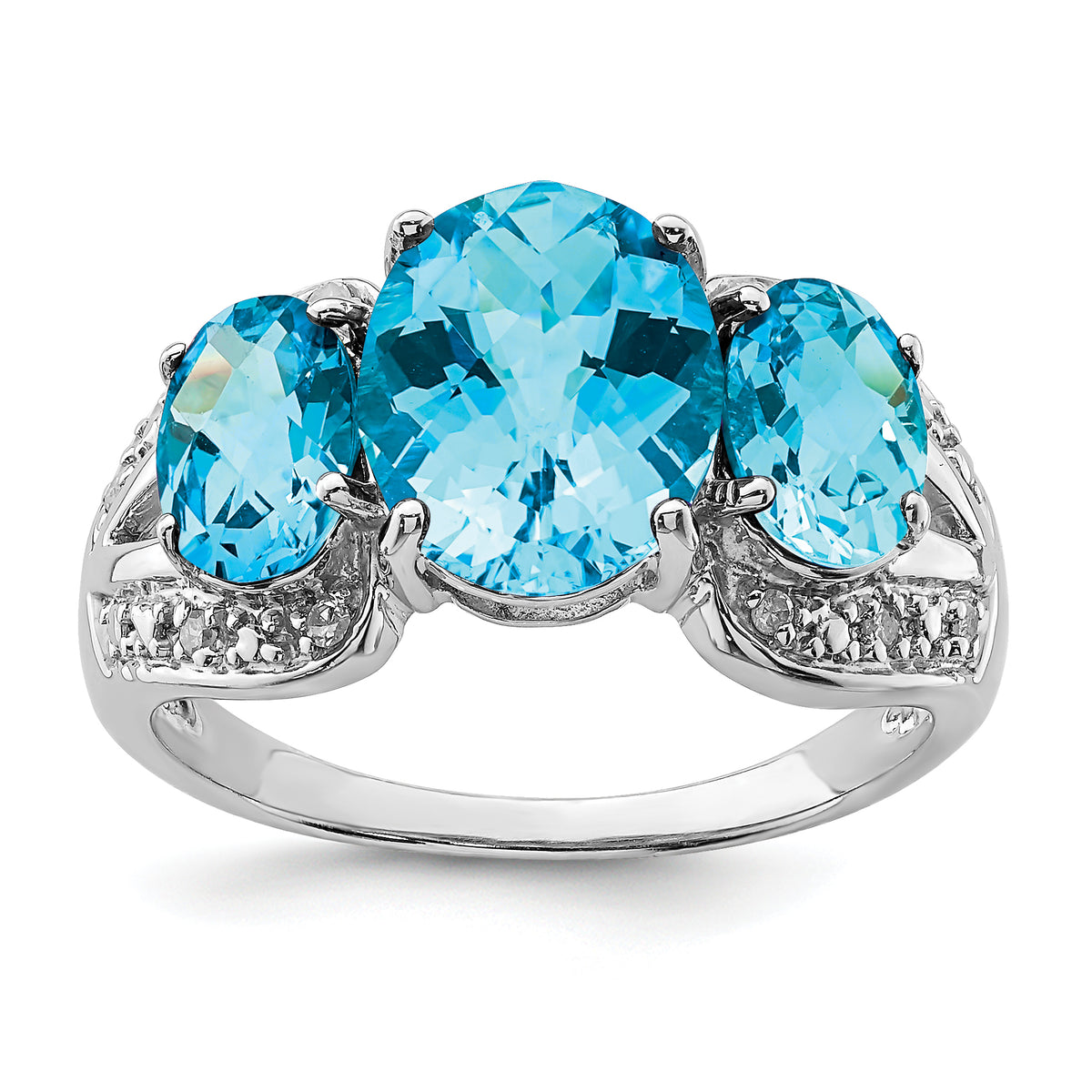 Sterling Silver Rhodium Checker-Cut Blue Topaz & Diamond Ring