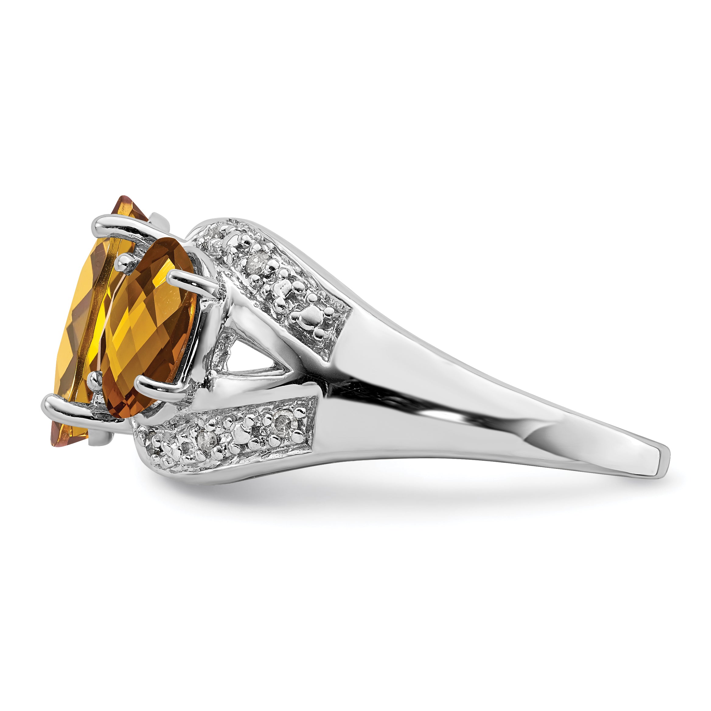 Sterling Silver Rhodium Oval Checker-Cut Whiskey Quartz & Diamond Ring