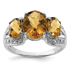 Sterling Silver Rhodium Checker-Cut Whiskey Quartz & Diamond Ring