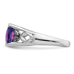 Sterling Silver Rhodium-plated Checker-Cut Amethyst Ring