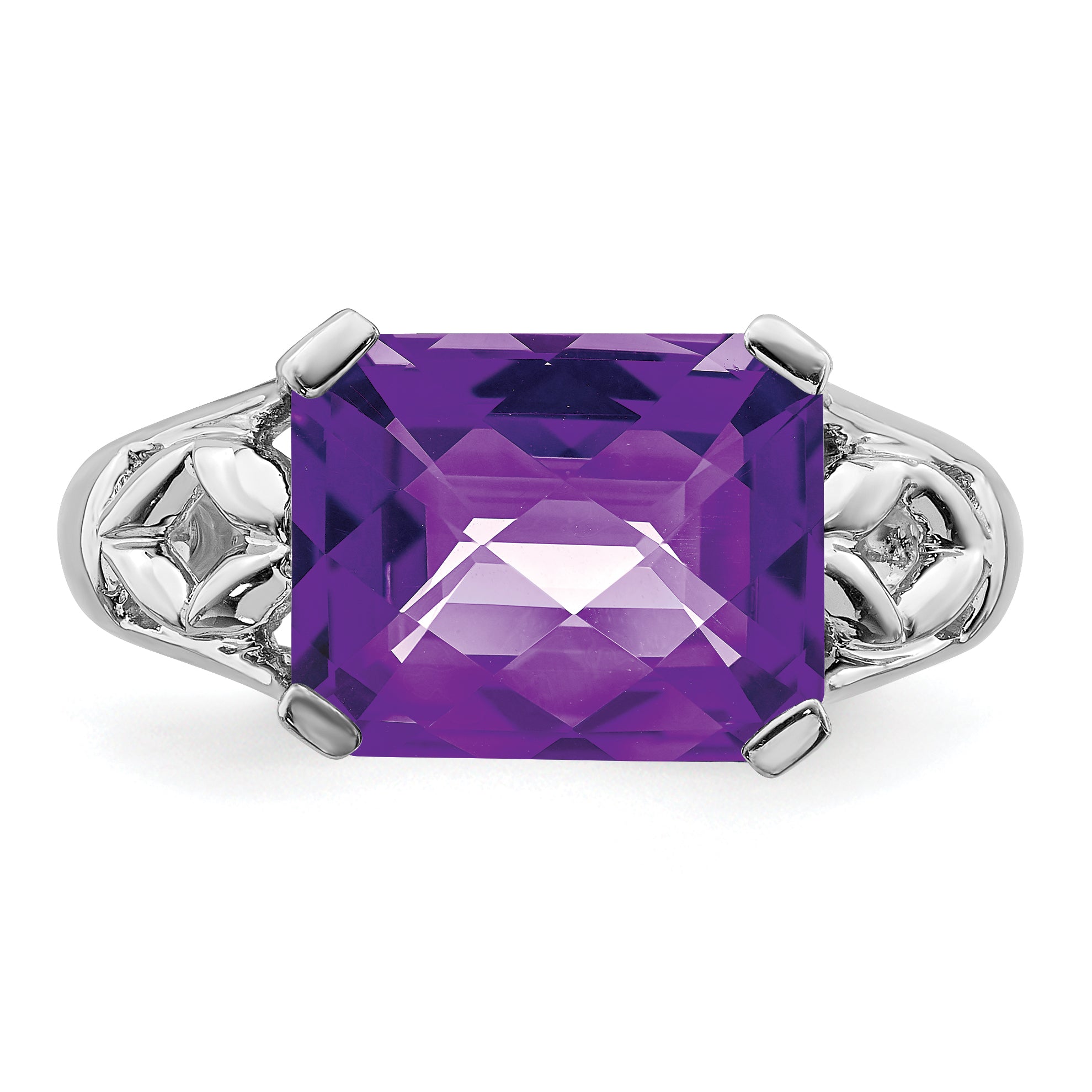 Sterling Silver Rhodium-plated Checker-Cut Amethyst Ring