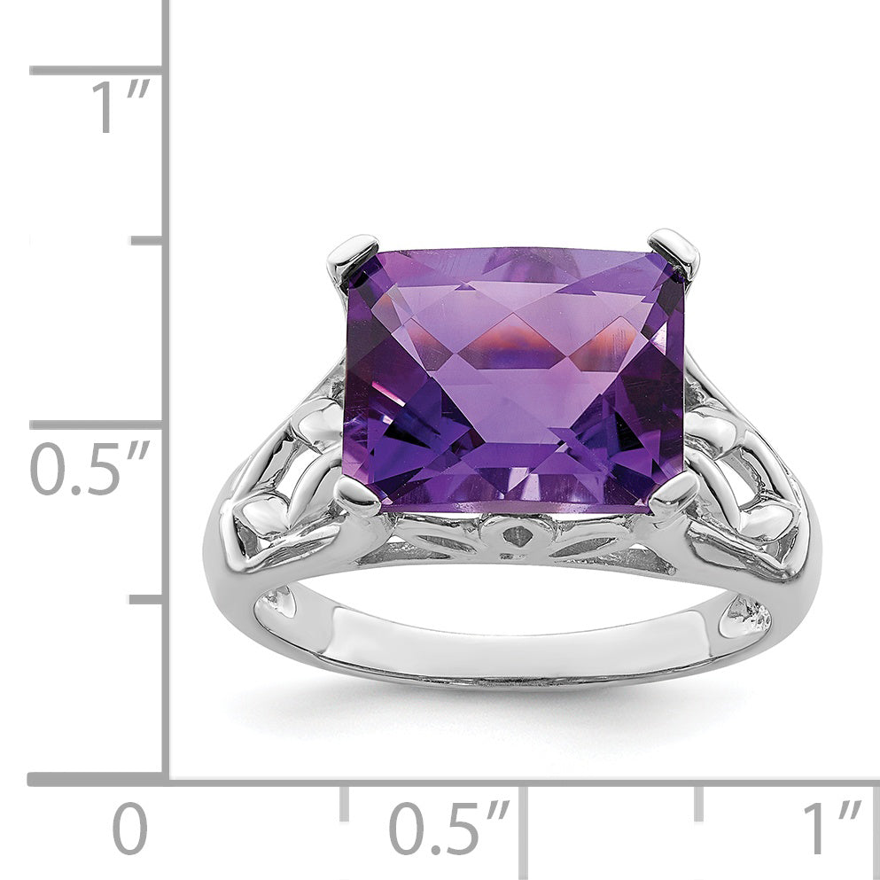 Sterling Silver Rhodium-plated Checker-Cut Amethyst Ring