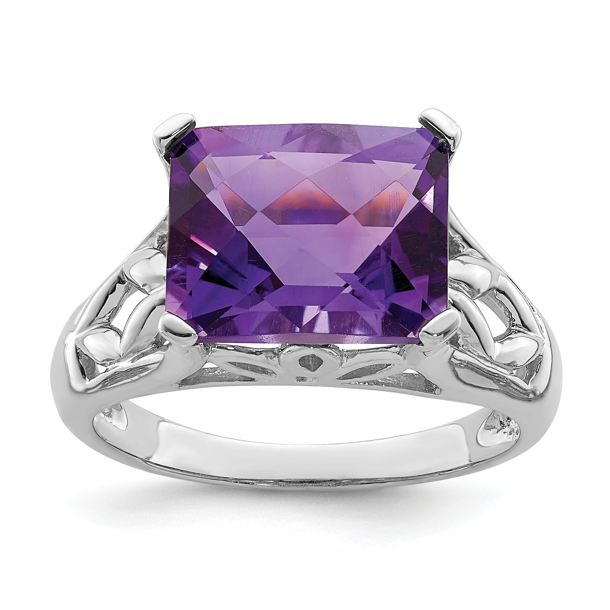 Sterling Silver Rhodium-plated Checker-Cut Amethyst Ring