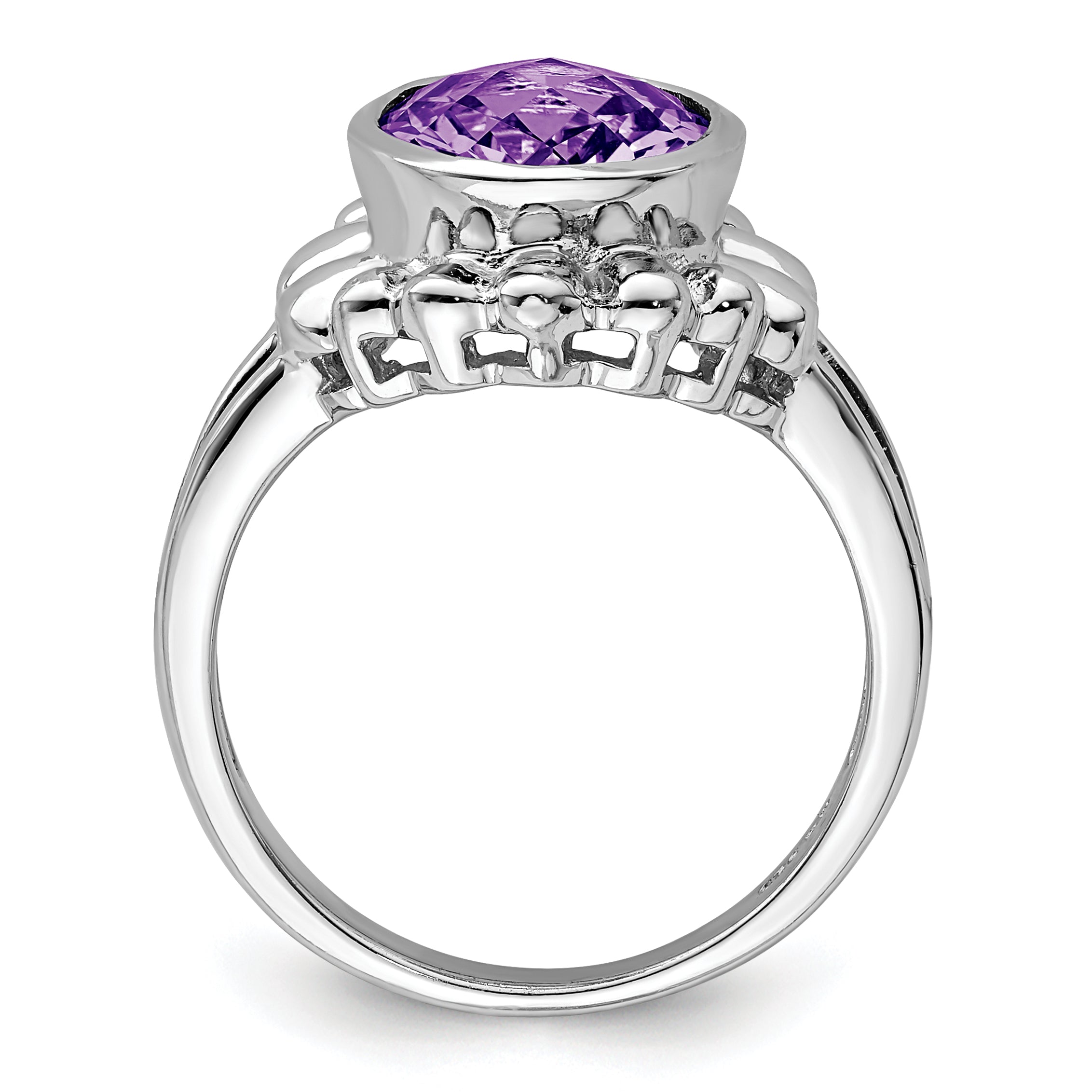 Sterling Silver Rhodium-plated Oval Checker-Cut Amethyst Ring