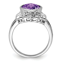 Sterling Silver Rhodium-plated Oval Checker-Cut Amethyst Ring