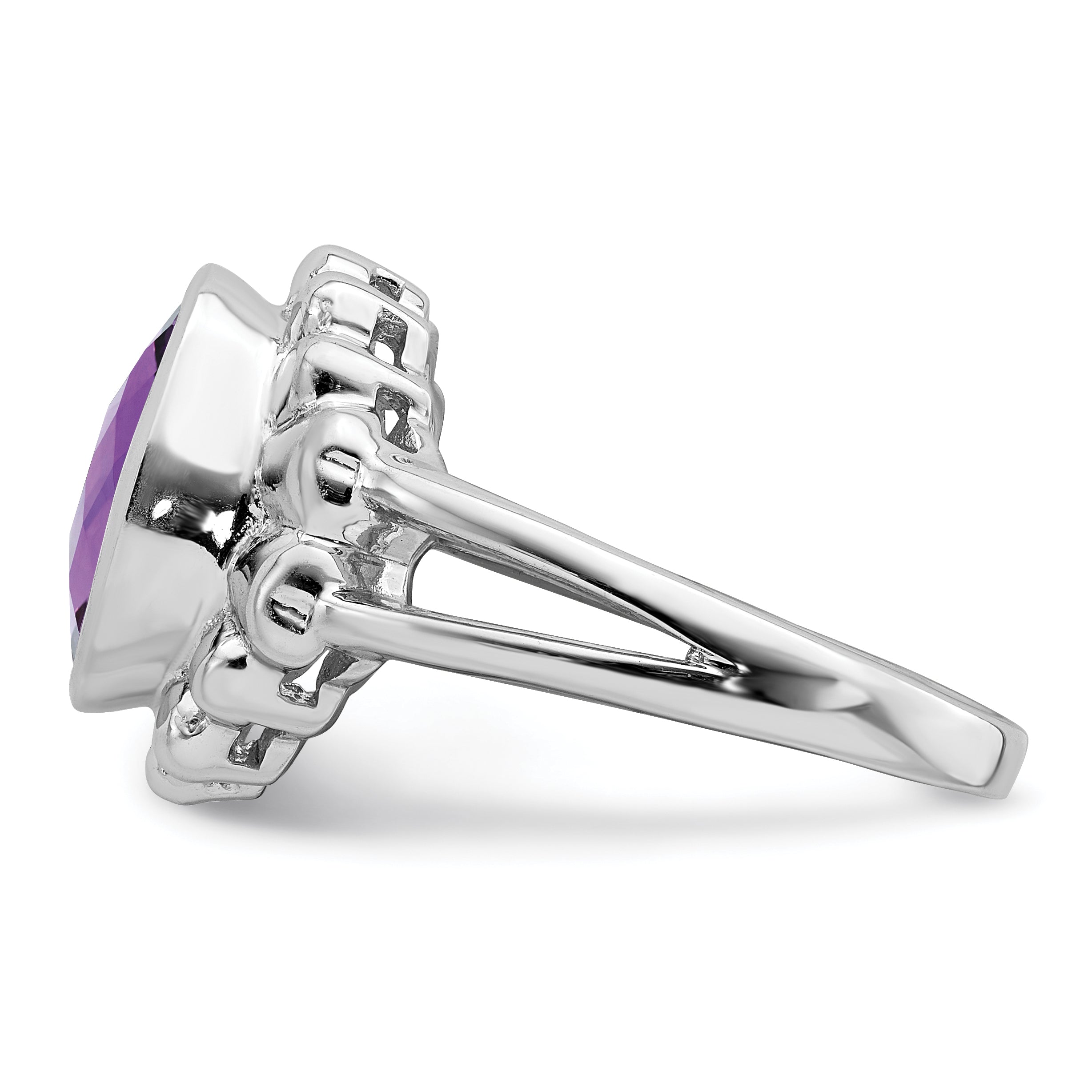 Sterling Silver Rhodium-plated Oval Checker-Cut Amethyst Ring