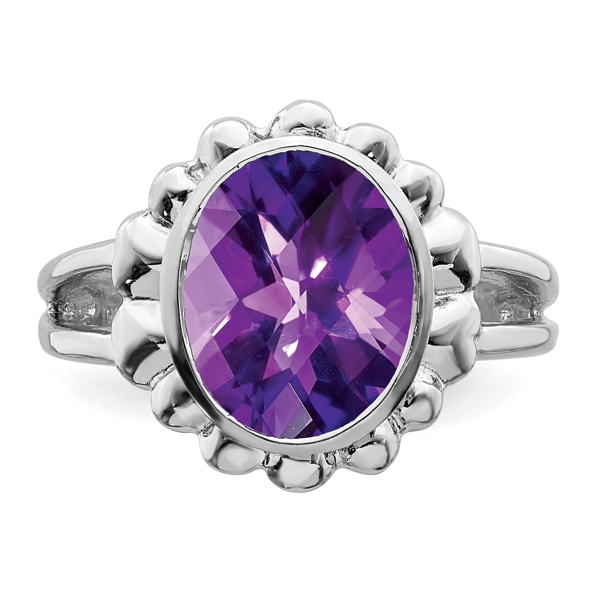 Sterling Silver Rhodium-plated Oval Checker-Cut Amethyst Ring