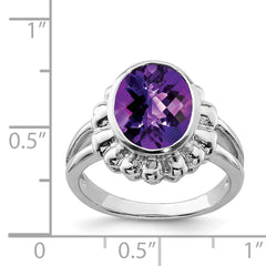 Sterling Silver Rhodium-plated Oval Checker-Cut Amethyst Ring