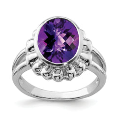 Sterling Silver Rhodium-plated Oval Checker-Cut Amethyst Ring