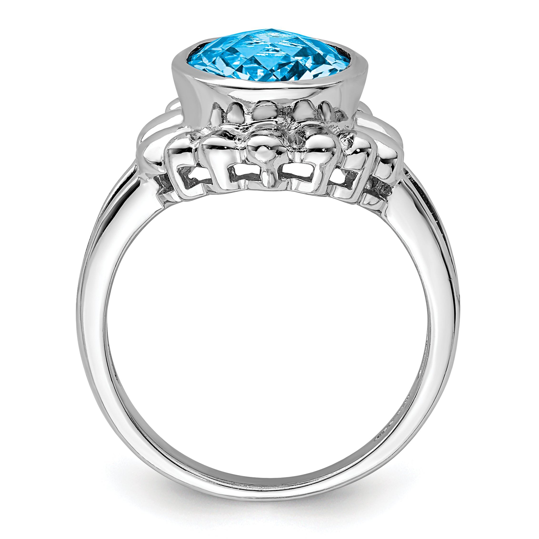 Sterling Silver Rhodium Oval Checker-Cut Blue Topaz Ring