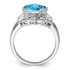 Sterling Silver Rhodium Oval Checker-Cut Blue Topaz Ring