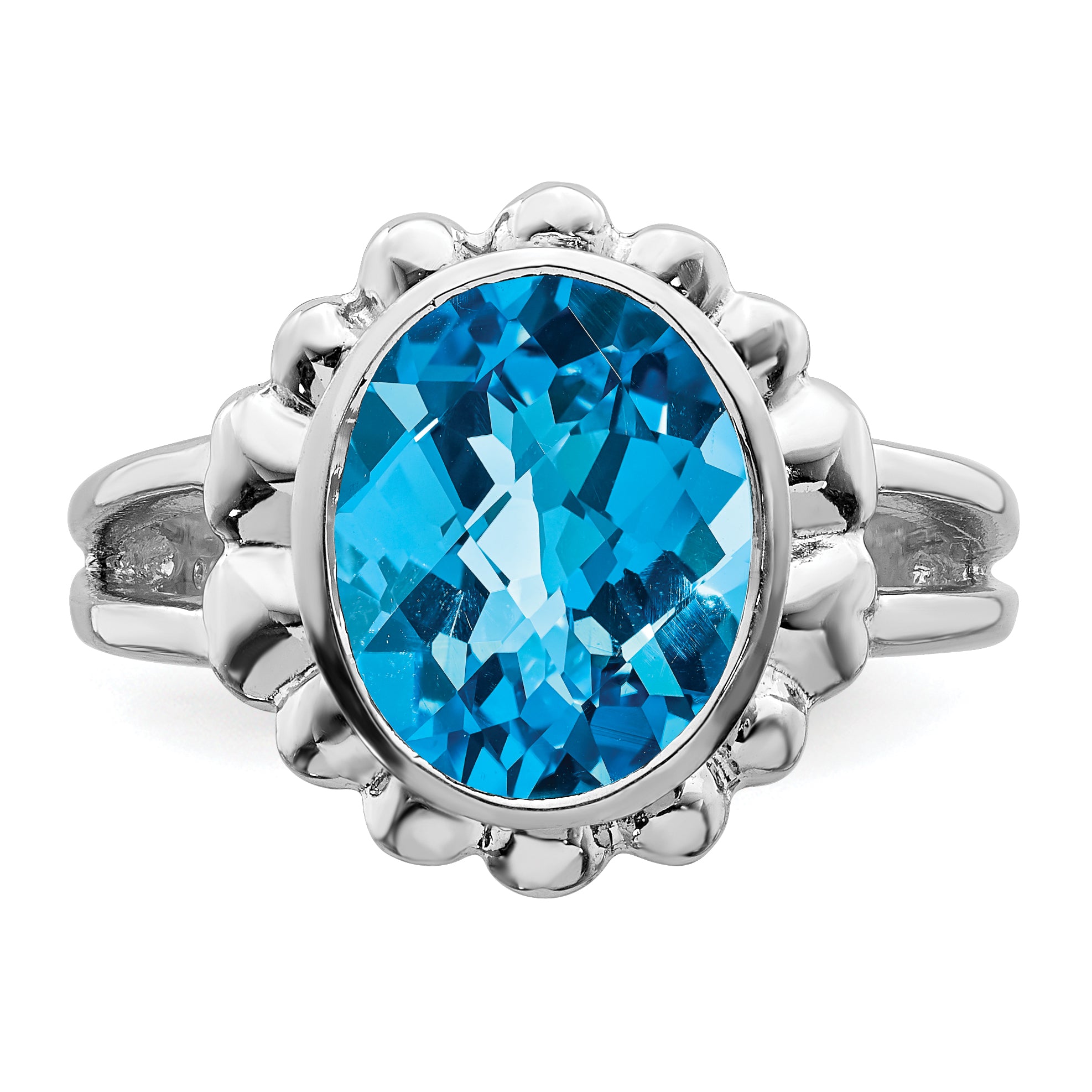 Sterling Silver Rhodium Oval Checker-Cut Blue Topaz Ring