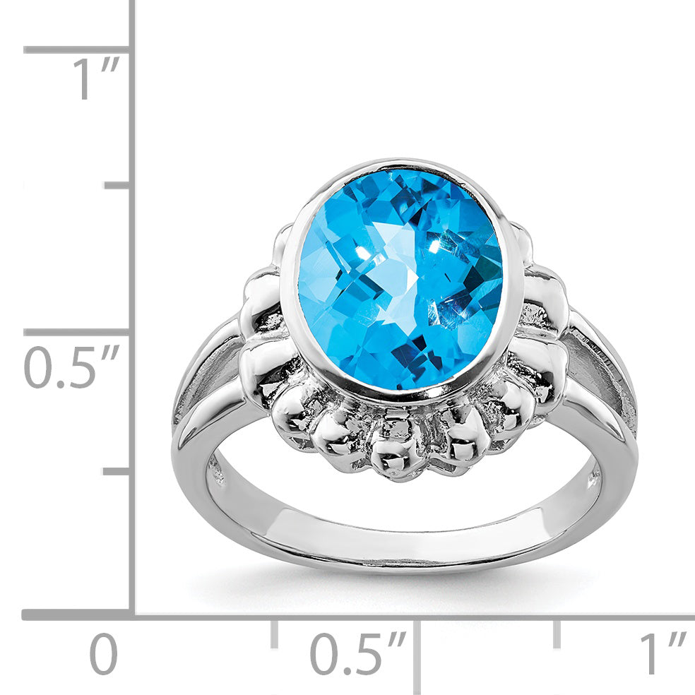 Sterling Silver Rhodium Oval Checker-Cut Blue Topaz Ring