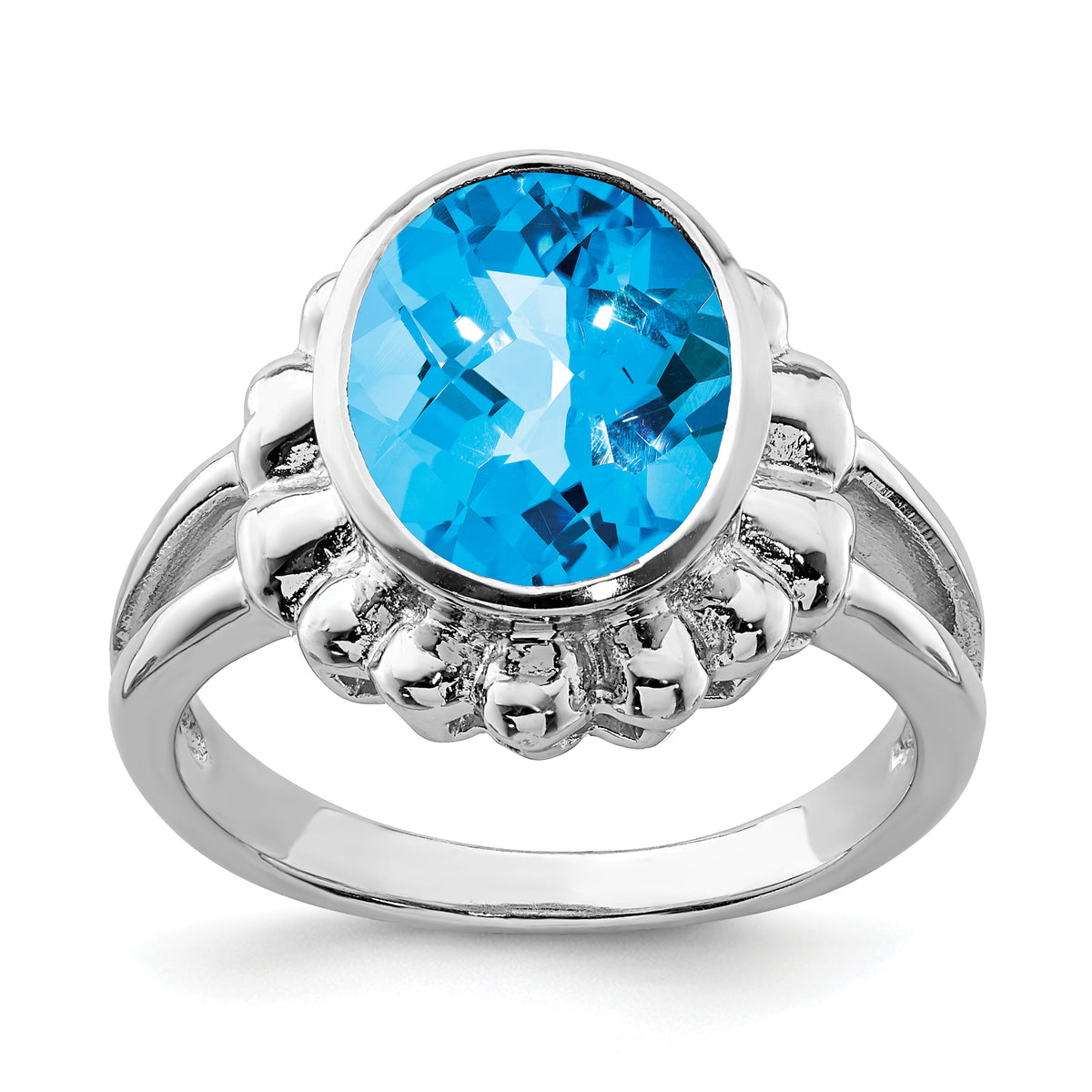 Sterling Silver Rhodium Oval Checker-Cut Blue Topaz Ring