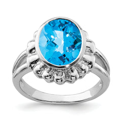 Sterling Silver Rhodium Oval Checker-Cut Blue Topaz Ring