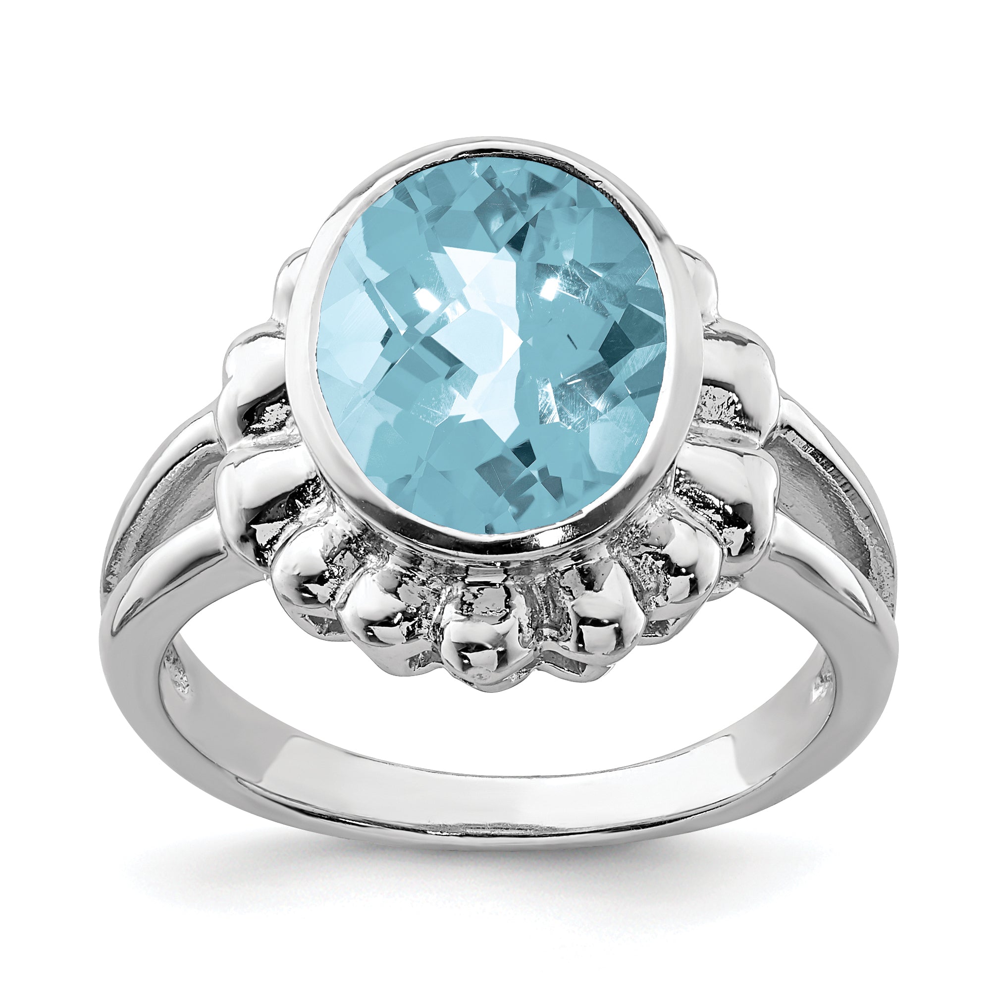 Sterling Silver Rhodium Checker-Cut Sky Blue Topaz Ring