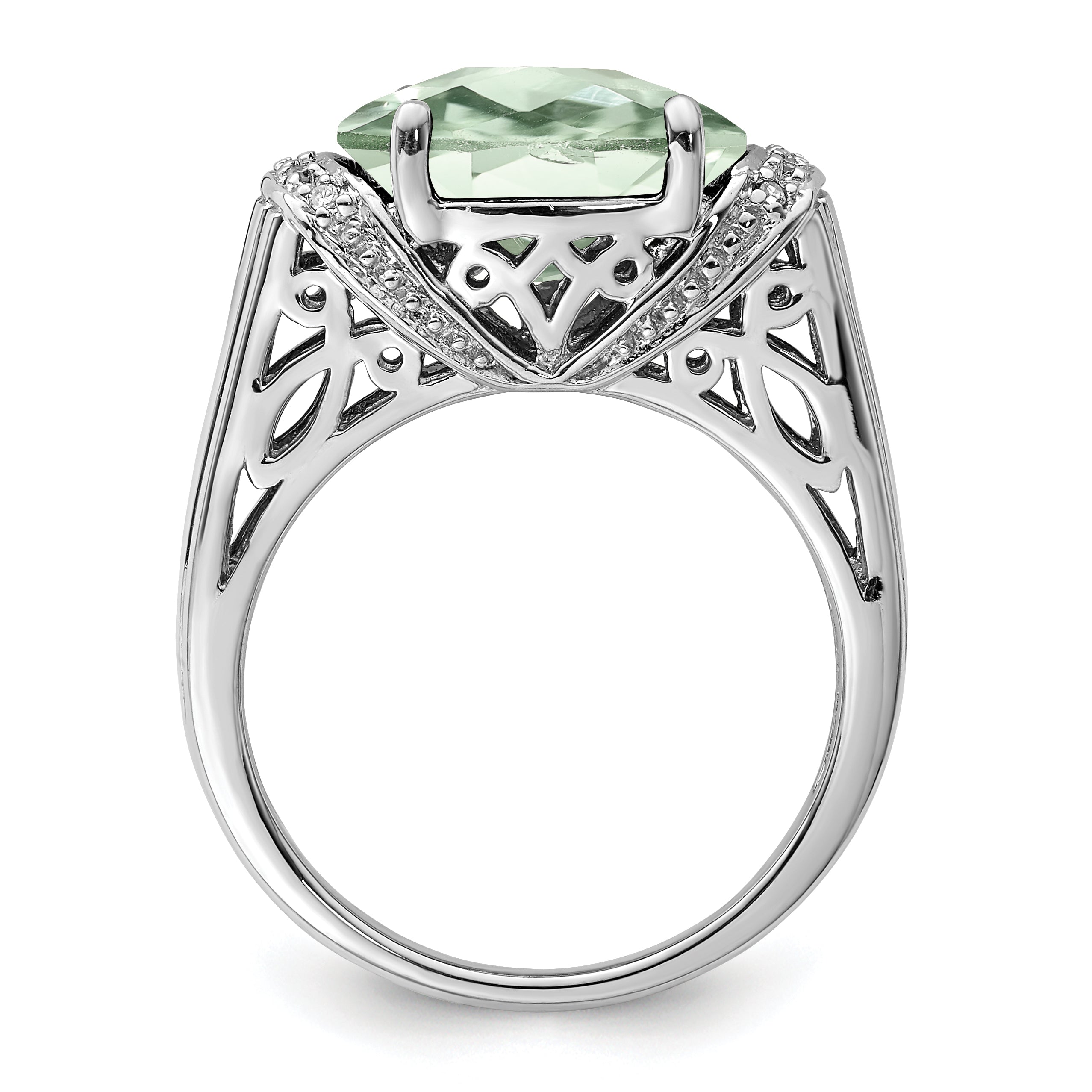 Sterling Silver Rhodium Checker-Cut Green Quartz & Diamond Ring