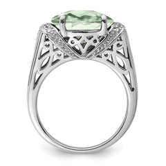 Sterling Silver Rhodium Checker-Cut Green Quartz & Diamond Ring