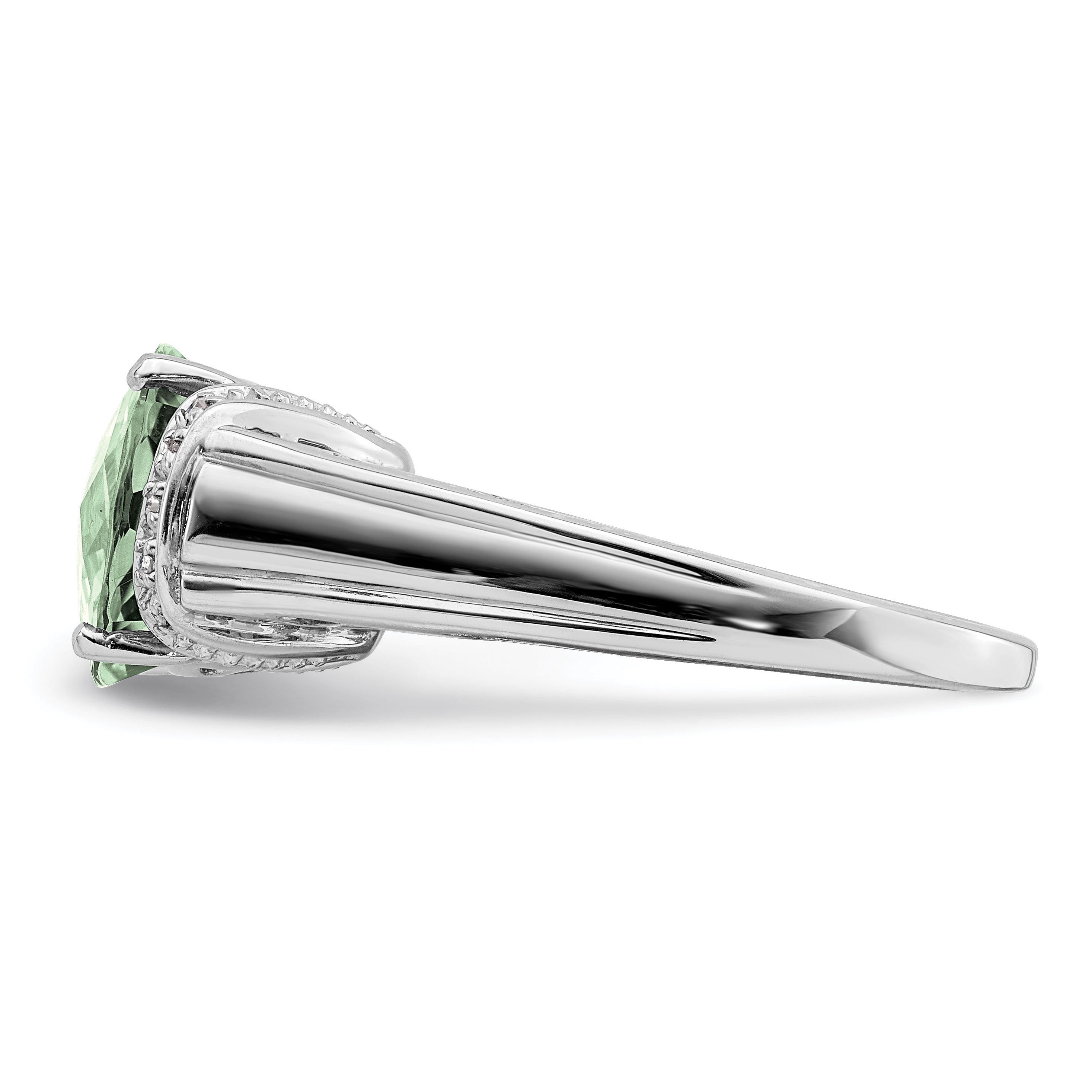 Sterling Silver Rhodium Checker-Cut Green Quartz & Diamond Ring