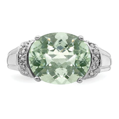 Sterling Silver Rhodium Checker-Cut Green Quartz & Diamond Ring