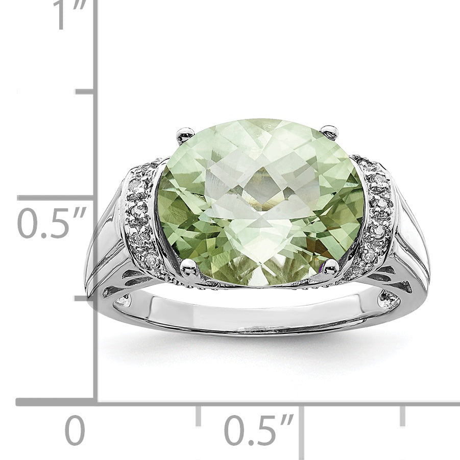 Sterling Silver Rhodium Checker-Cut Green Quartz & Diamond Ring