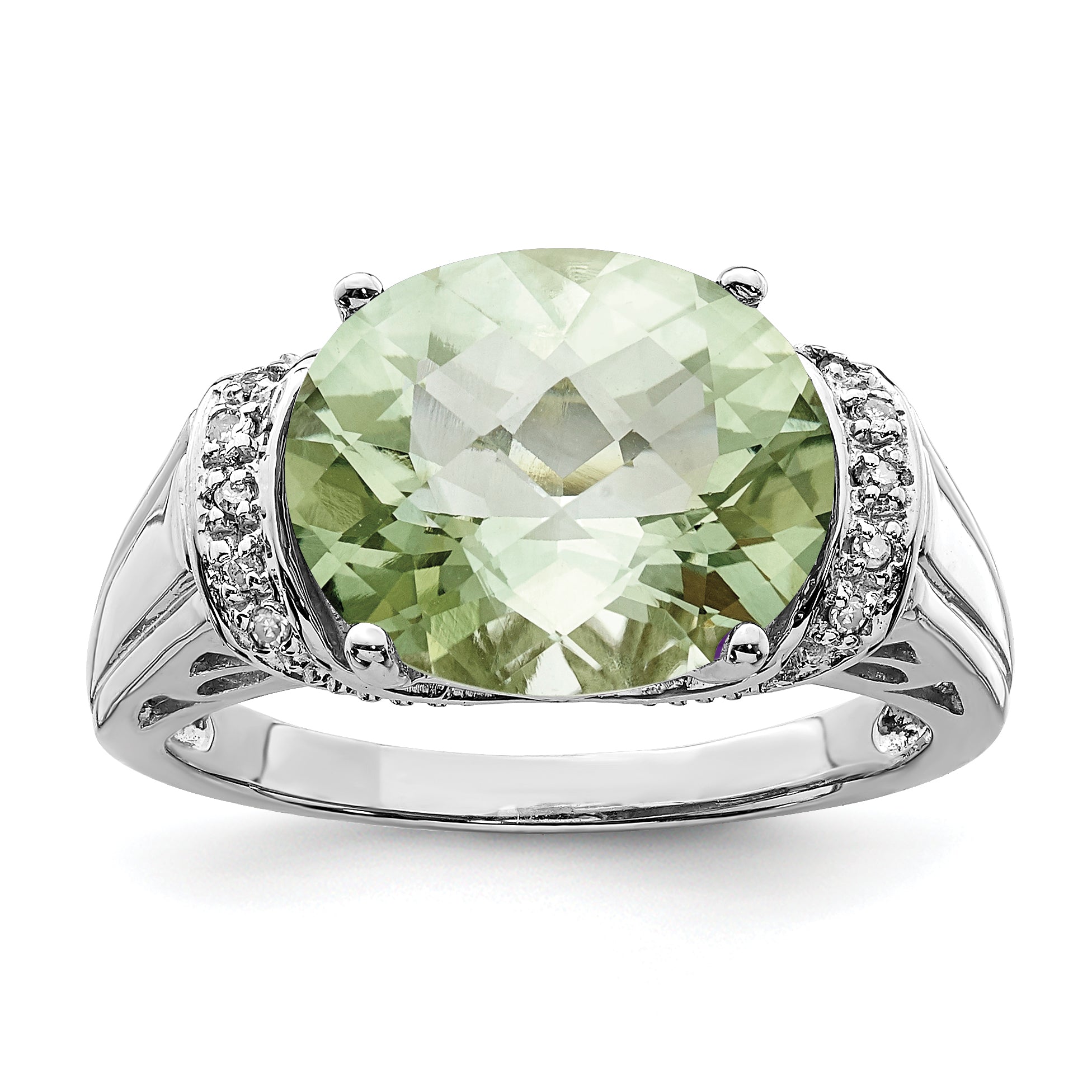 Sterling Silver Rhodium Checker-Cut Green Quartz & Diamond Ring