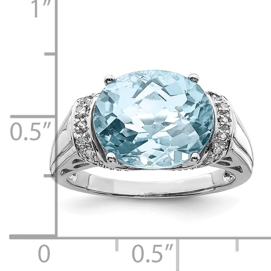 Sterling Silver Rhodium Checker-Cut Sky Blue Topaz & Diamond Ring