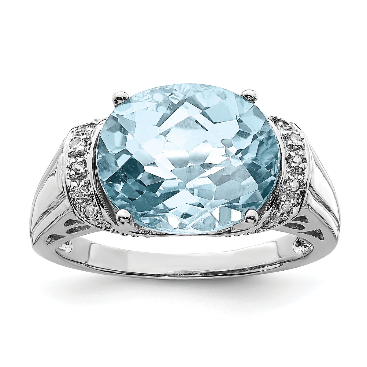 Sterling Silver Rhodium Checker-Cut Sky Blue Topaz & Diamond Ring