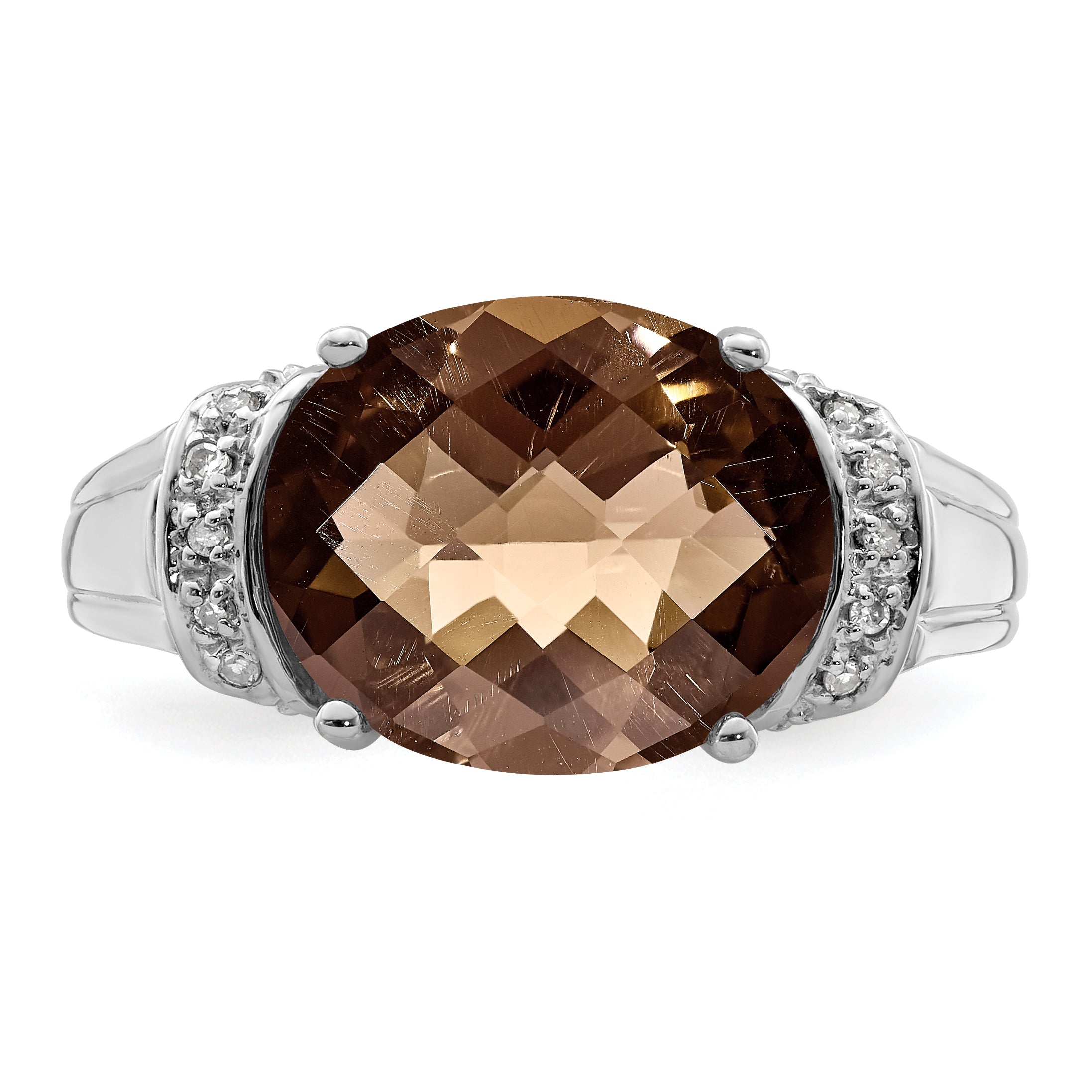 Sterling Silver Rhodium Checker-Cut Smoky Quartz & Diamond Ring