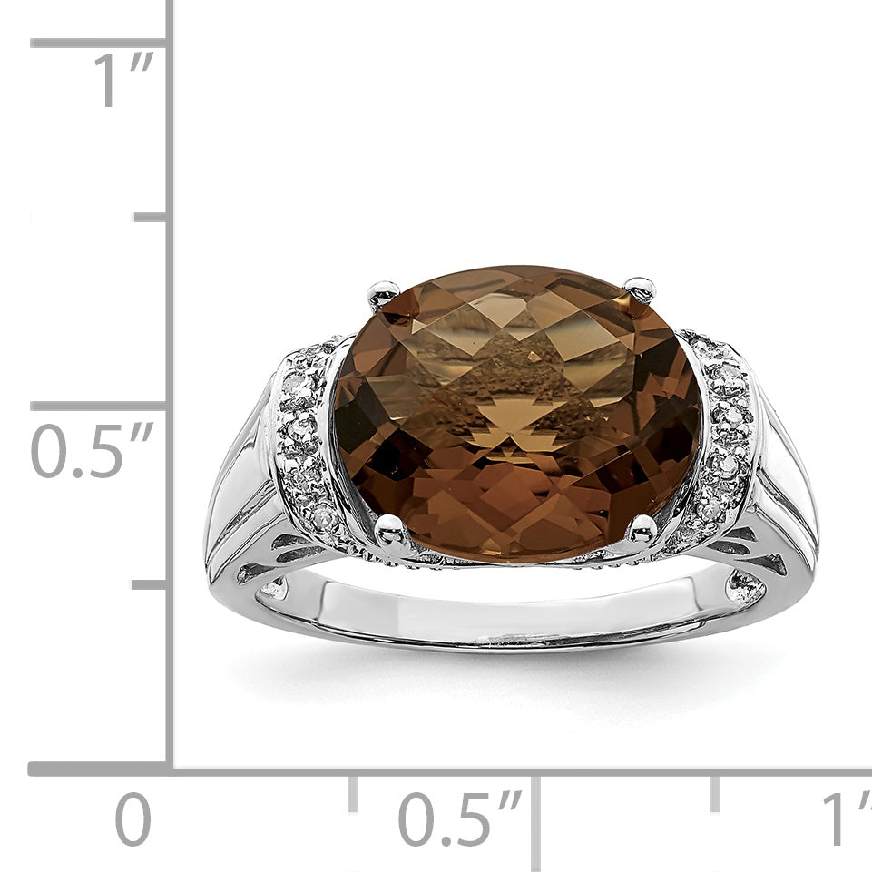 Sterling Silver Rhodium Checker-Cut Smoky Quartz & Diamond Ring