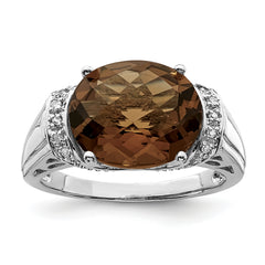 Sterling Silver Rhodium Checker-Cut Smoky Quartz & Diamond Ring