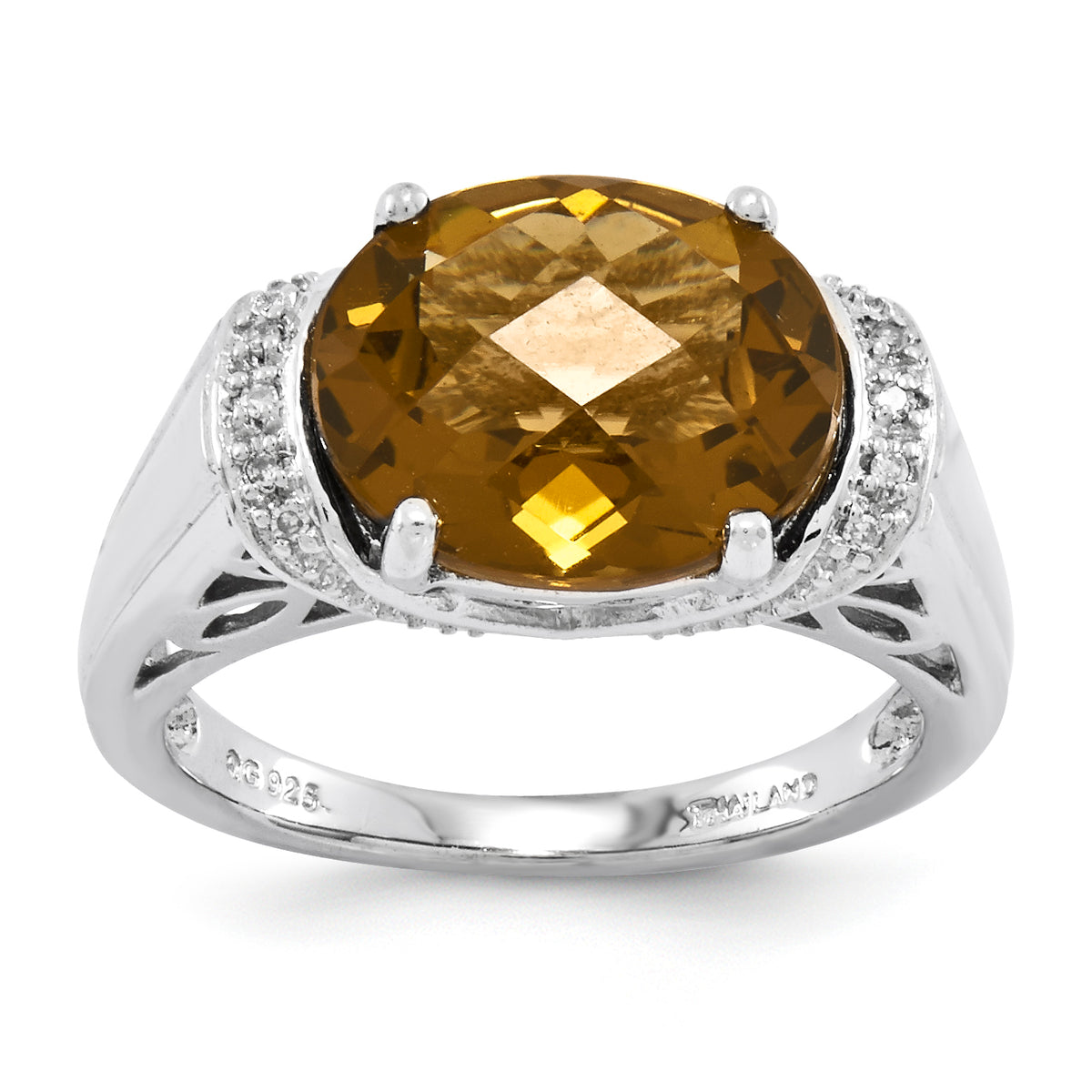 Sterling Silver Rhodium-plated Checker-Cut Whiskey Quartz Ring