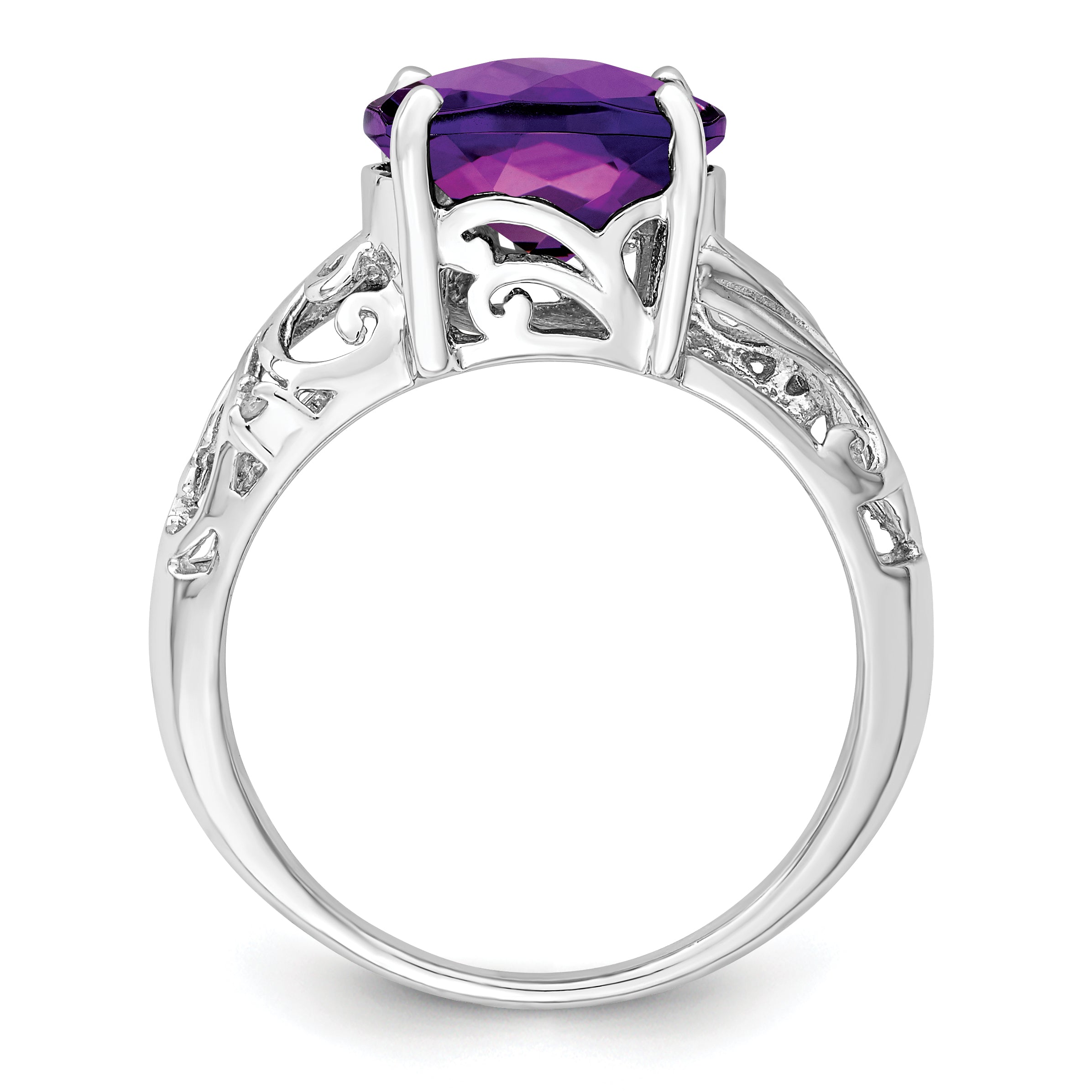 Sterling Silver Rhodium Oval Checker-Cut Amethyst & Diamond Ring