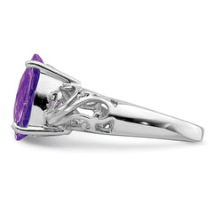 Sterling Silver Rhodium Oval Checker-Cut Amethyst & Diamond Ring