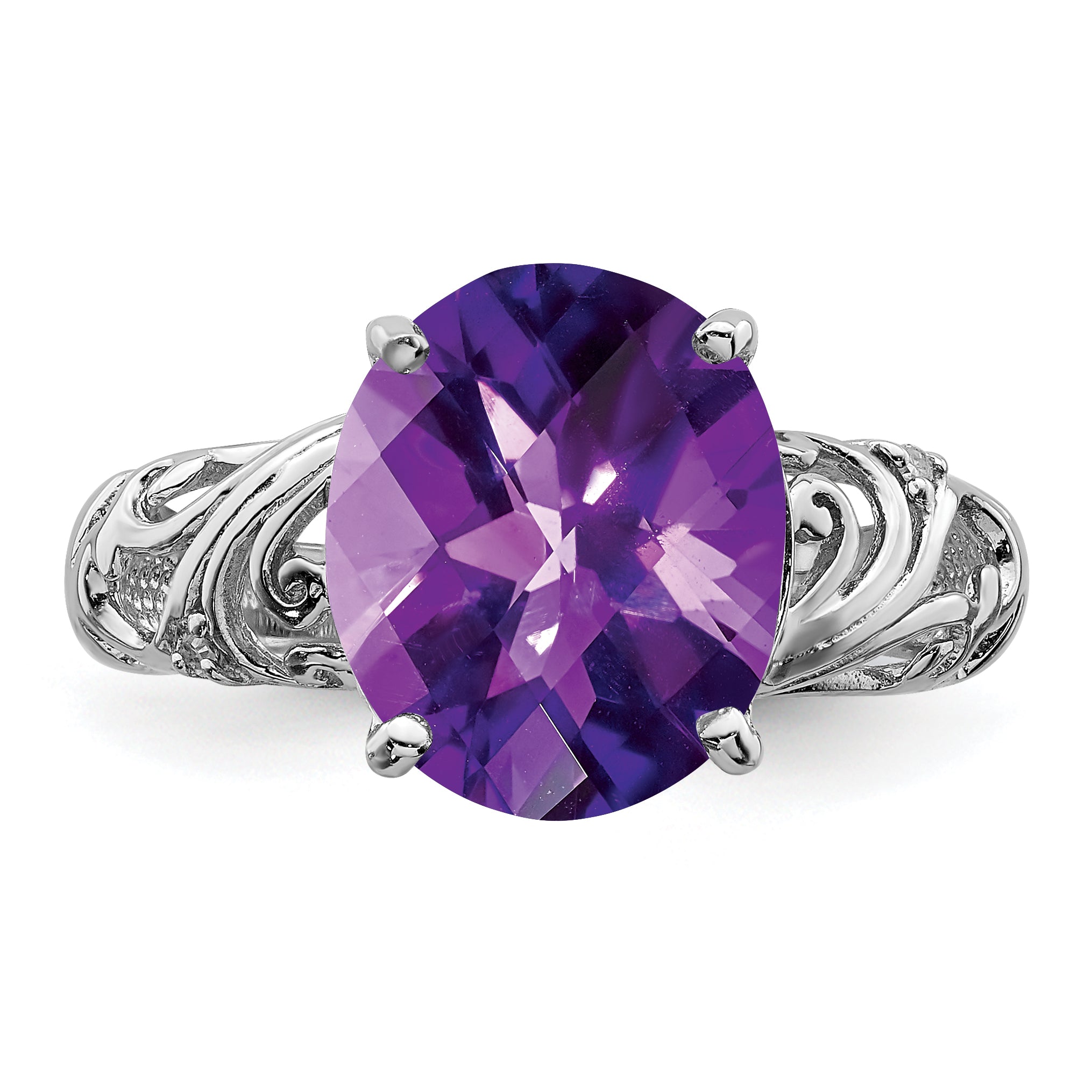 Sterling Silver Rhodium Oval Checker-Cut Amethyst & Diamond Ring