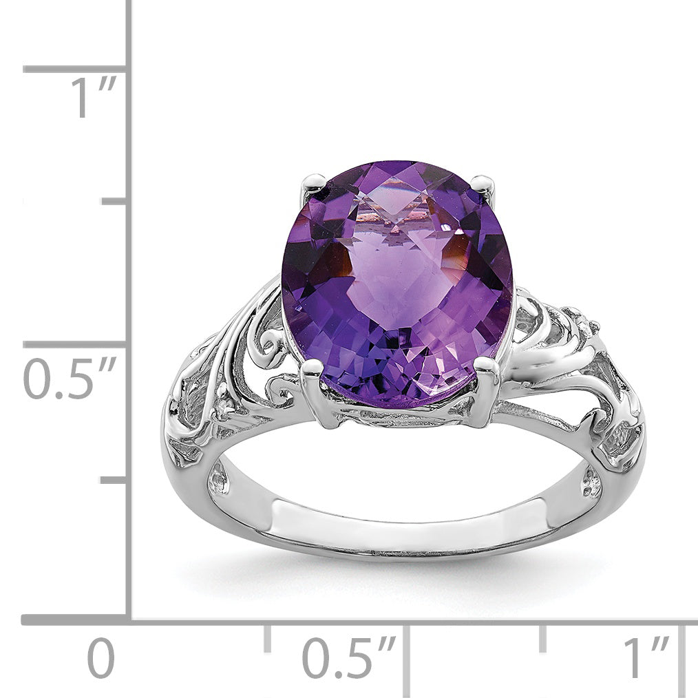 Sterling Silver Rhodium Oval Checker-Cut Amethyst & Diamond Ring