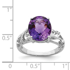 Sterling Silver Rhodium Oval Checker-Cut Amethyst & Diamond Ring