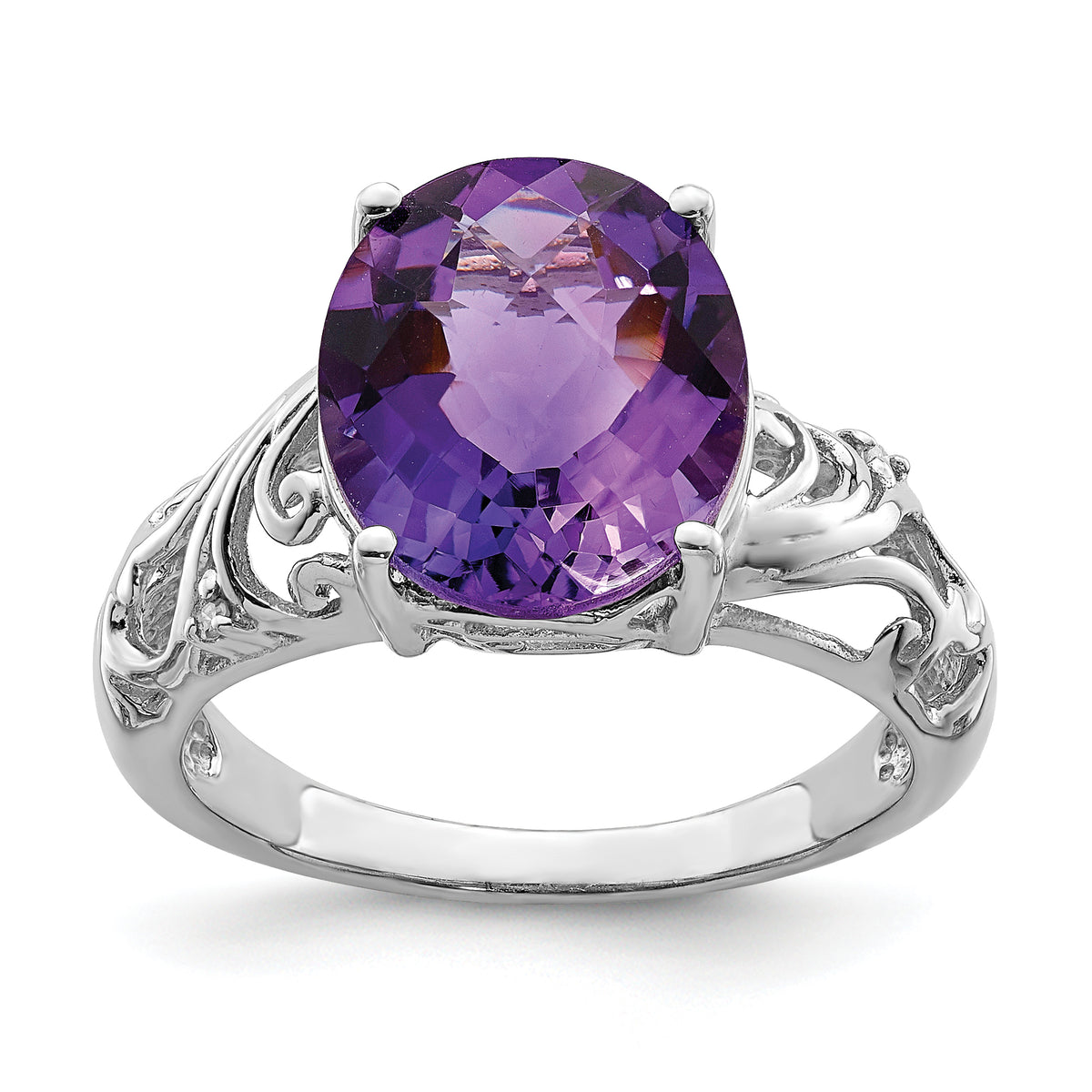 Sterling Silver Rhodium Oval Checker-Cut Amethyst & Diamond Ring