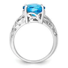 Sterling Silver Rhodium Checker-Cut Blue Topaz & Diamond Ring