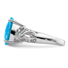 Sterling Silver Rhodium Checker-Cut Blue Topaz & Diamond Ring