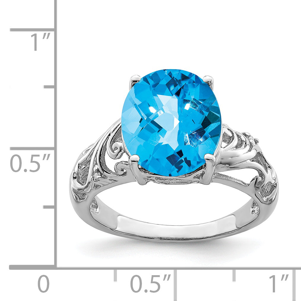 Sterling Silver Rhodium Checker-Cut Blue Topaz & Diamond Ring