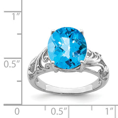 Sterling Silver Rhodium Checker-Cut Blue Topaz & Diamond Ring