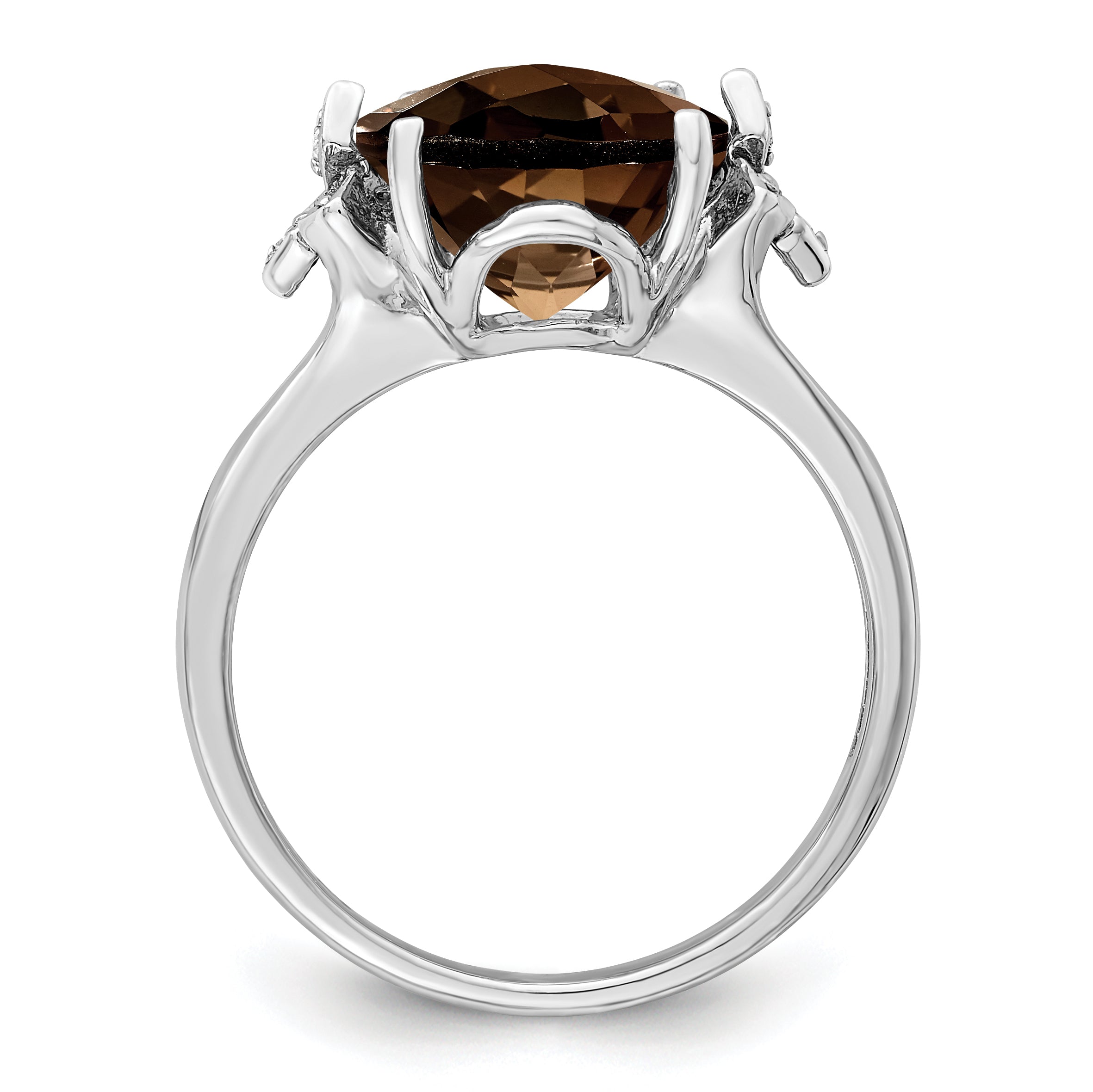 Sterling Silver Rhodium Checker-Cut Smoky Quartz & Diamond Ring