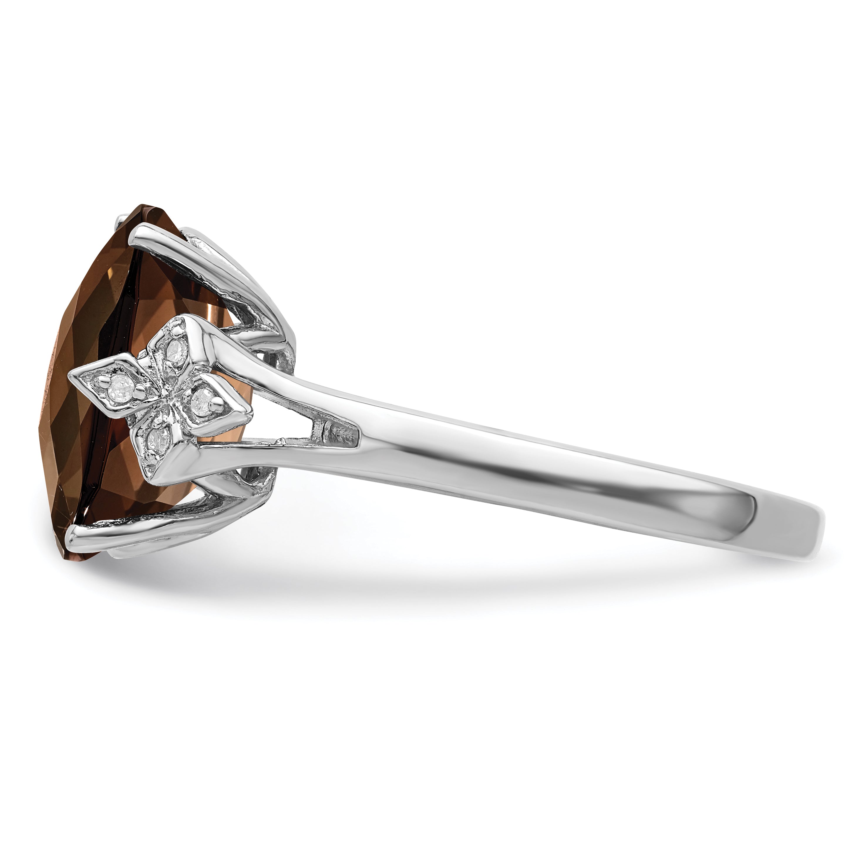 Sterling Silver Rhodium Checker-Cut Smoky Quartz & Diamond Ring